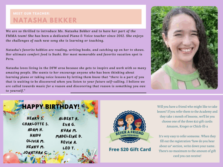 Flower Mound Music Academy offers private lessons in piano, voice, violin, viola, cello and guitar to students of all ages and levels in Flower Mound, Lewisville, Denton, Argyle, Keller area.