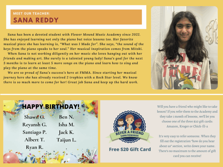 Flower Mound Music Academy offers private lessons in piano, voice, violin, viola, cello and guitar to students of all ages and levels in Flower Mound, Lewisville, Denton, Argyle, Keller area.