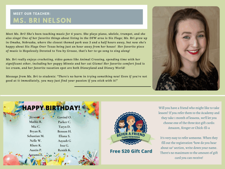 Flower Mound Music Academy offers private lessons in piano, voice, violin, viola, cello and guitar to students of all ages and levels in Flower Mound, Lewisville, Denton, Argyle, Keller area.