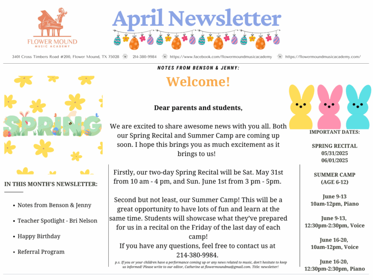 Flower Mound Music Academy offers private lessons in piano, voice, violin, viola, cello and guitar to students of all ages and levels in Flower Mound, Lewisville, Denton, Argyle, Keller area.