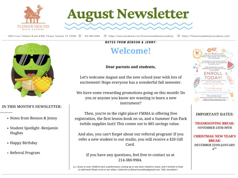 Flower Mound Music Academy Newsletter August 2025