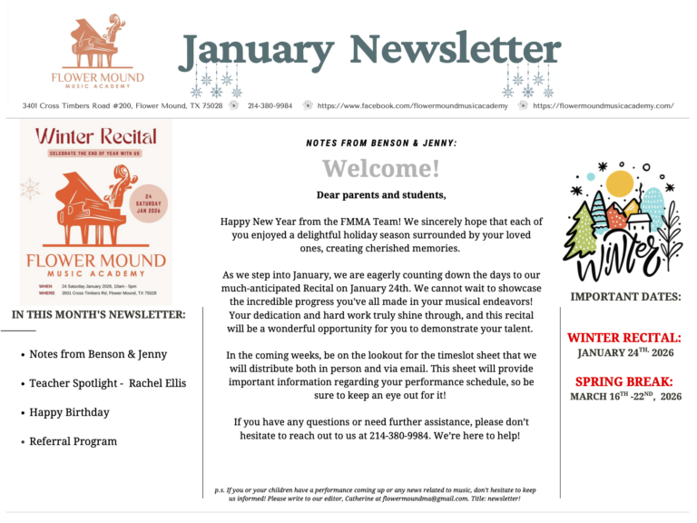 Flower Mound Music Academy Newsletter January 2026