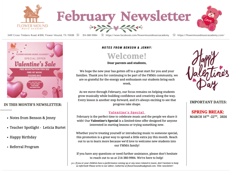 Flower Mound Music Academy Newsletter February 2026