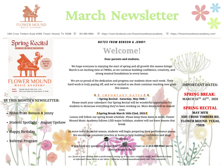 Flower Mound Music Academy Newsletter March 2026
