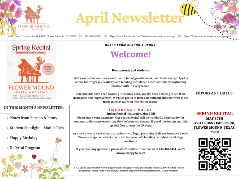 Flower Mound Music Academy Newsletter April 2026