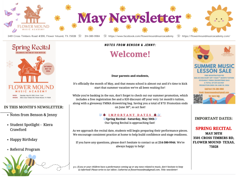 Flower Mound Music Academy Newsletter May 2026
