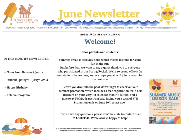 Flower Mound Music Academy Newsletter June 2026