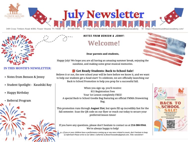 Flower Mound Music Academy Newsletter July 2026