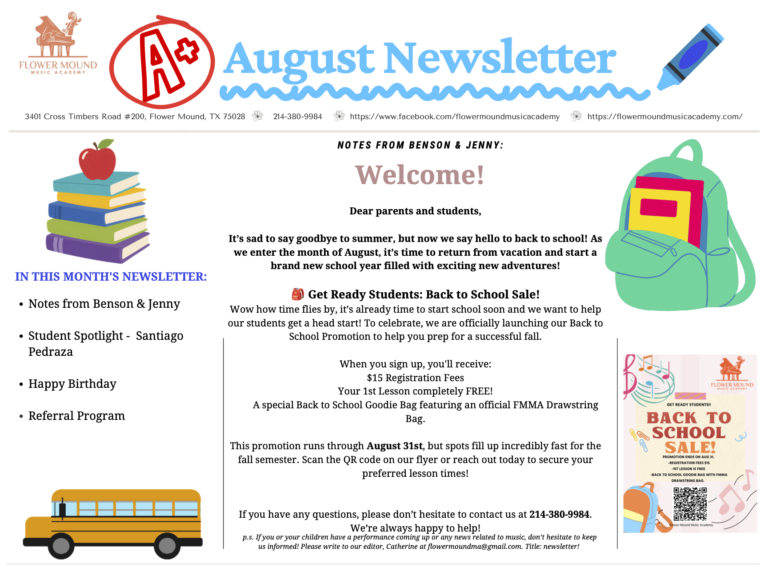 Flower Mound Music Academy Newsletter august 2026