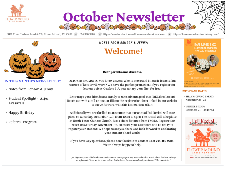 Flower Mound Music Academy Newsletter october 2026